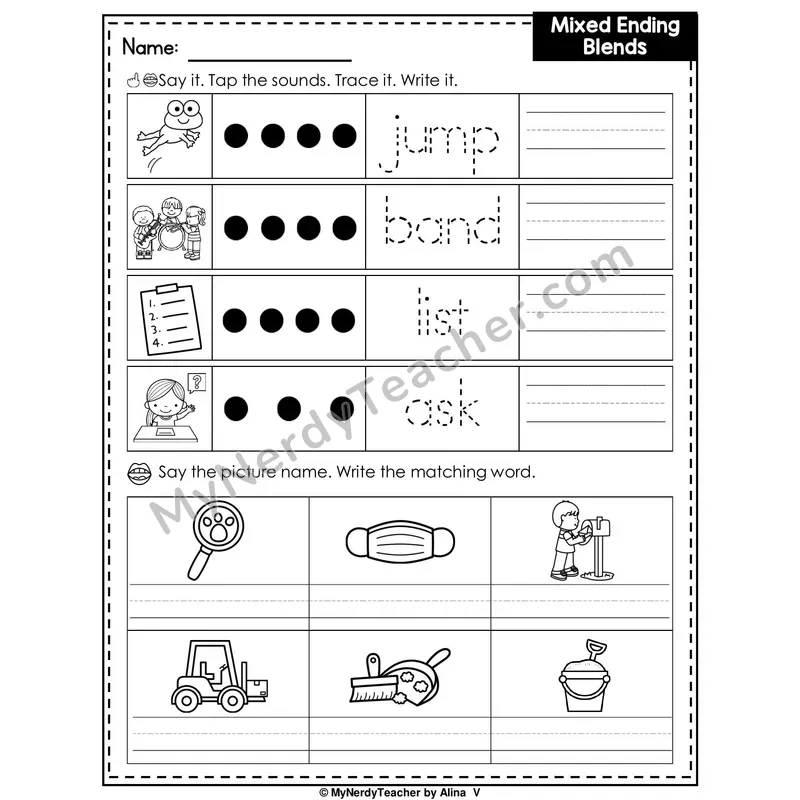 Mixed Ending Blends Writing Worksheet — Tap, Trace and Write