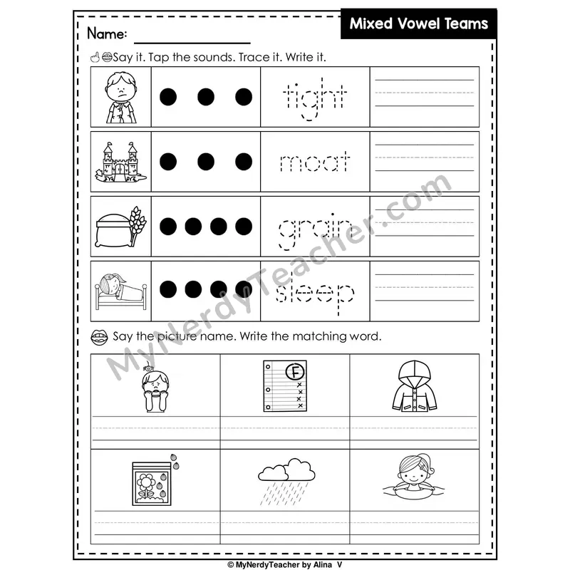 Mixed Vowel Teams Writing Worksheet — Tap, Trace and Write