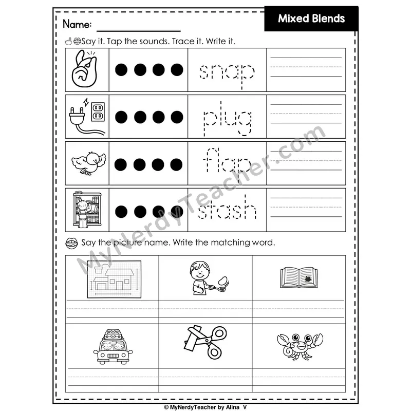 Mixed Beginning Blends Writing Worksheet — Tap, Trace and Write
