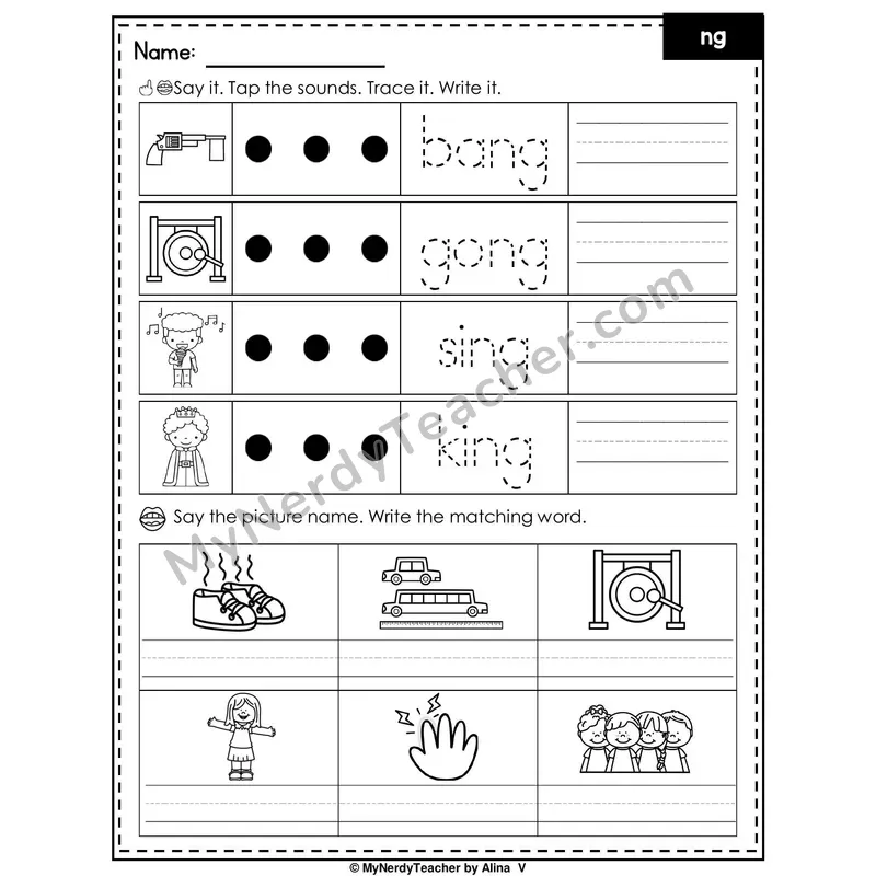 Digraph NG Writing Worksheet — Tap, Trace and Write