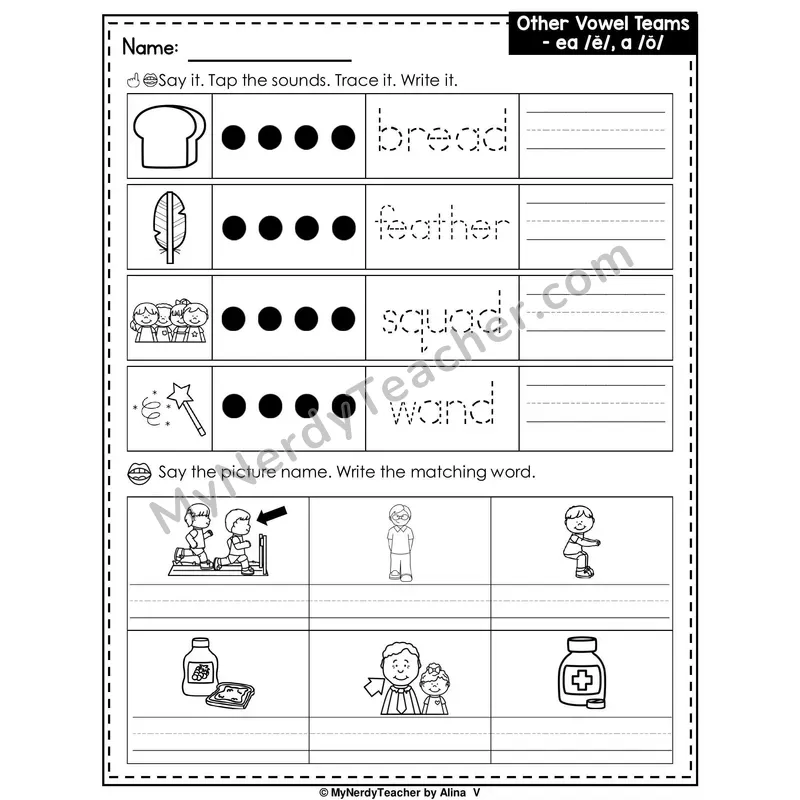 Vowel Team EA (Short E Sound) and A Writing Worksheet — Tap, Trace and Write