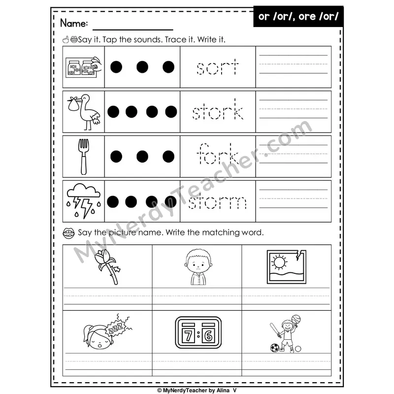 R-Controlled Vowel OR (or, ore) Writing Worksheet — Tap, Trace and Write