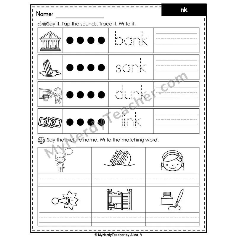 Digraph NK Writing Worksheet — Tap, Trace and Write