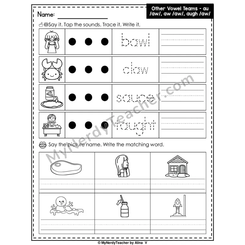 Vowel Teams AU, AW, AUGH Writing Worksheet — Tap, Trace and Write
