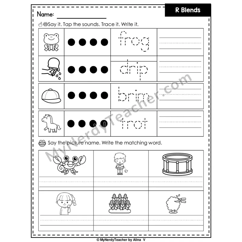R Blends Writing Worksheet — Tap, Trace and Write