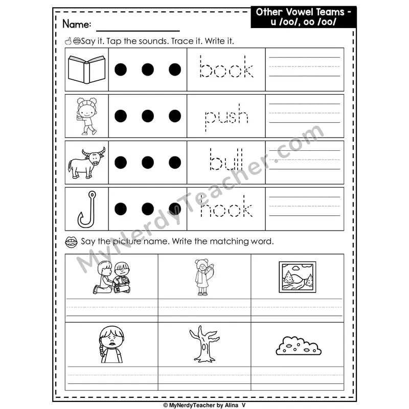 Vowel Team OO (Short Sound) Writing Worksheet — Tap, Trace and Write
