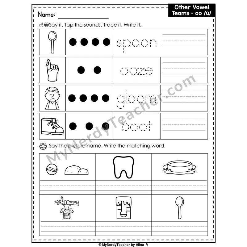 Vowel Team OO (Long Sound) Writing Worksheet — Tap, Trace and Write