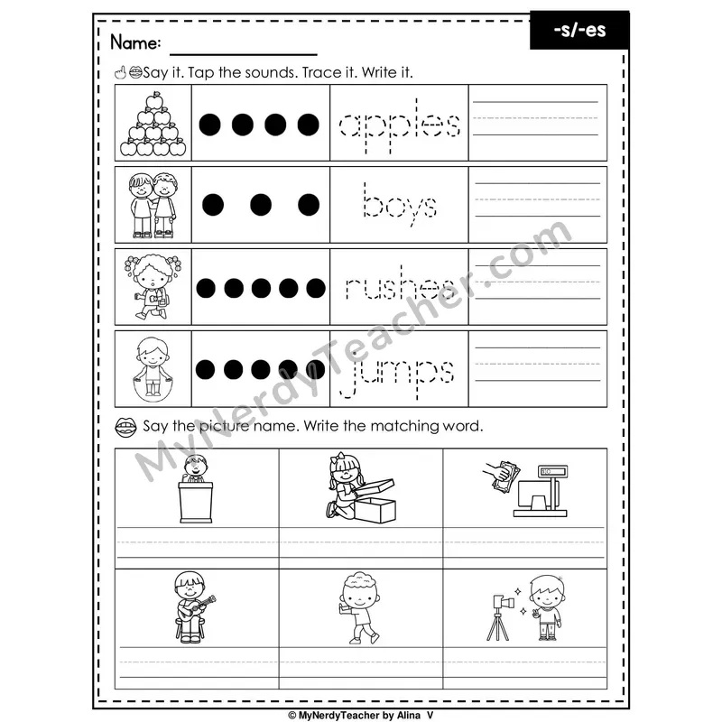 Suffixes -s and -es Writing Worksheet — Tap, Trace and Write