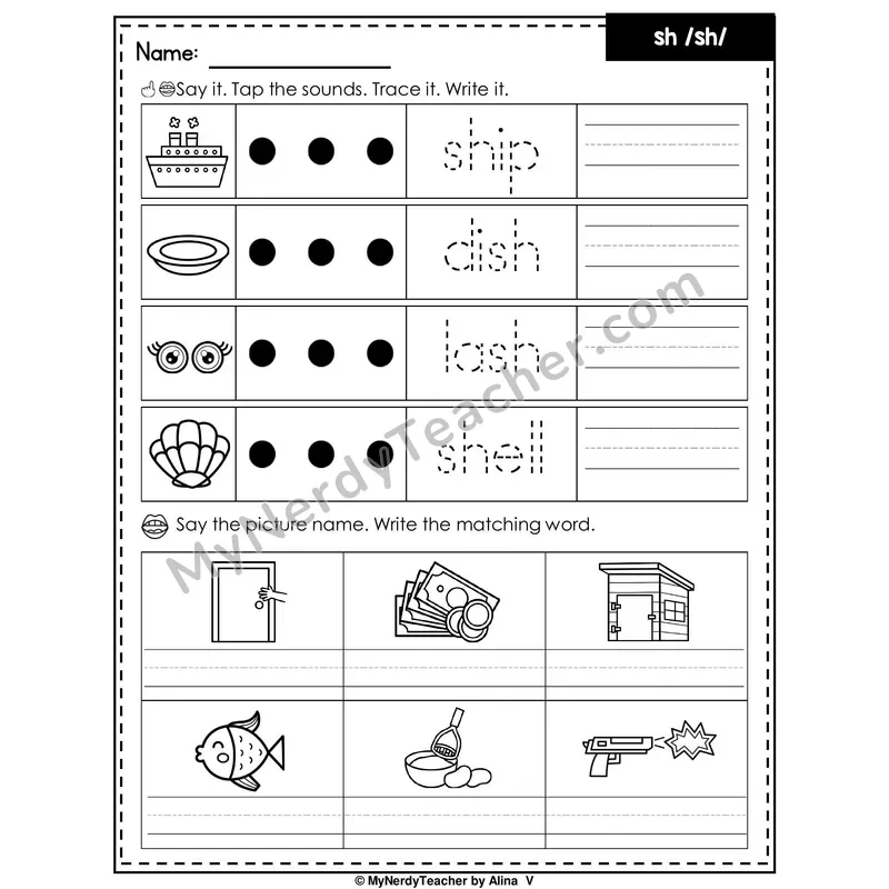 Digraph SH Writing Worksheet — Tap, Trace and Write