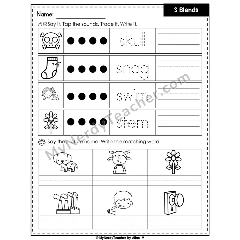 S Blends Writing Worksheet — Tap, Trace and Write
