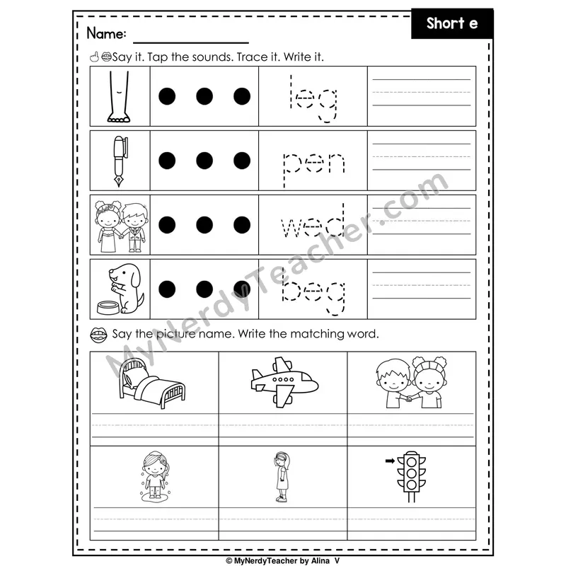 Short E Writing Worksheet — Tap, Trace and Write