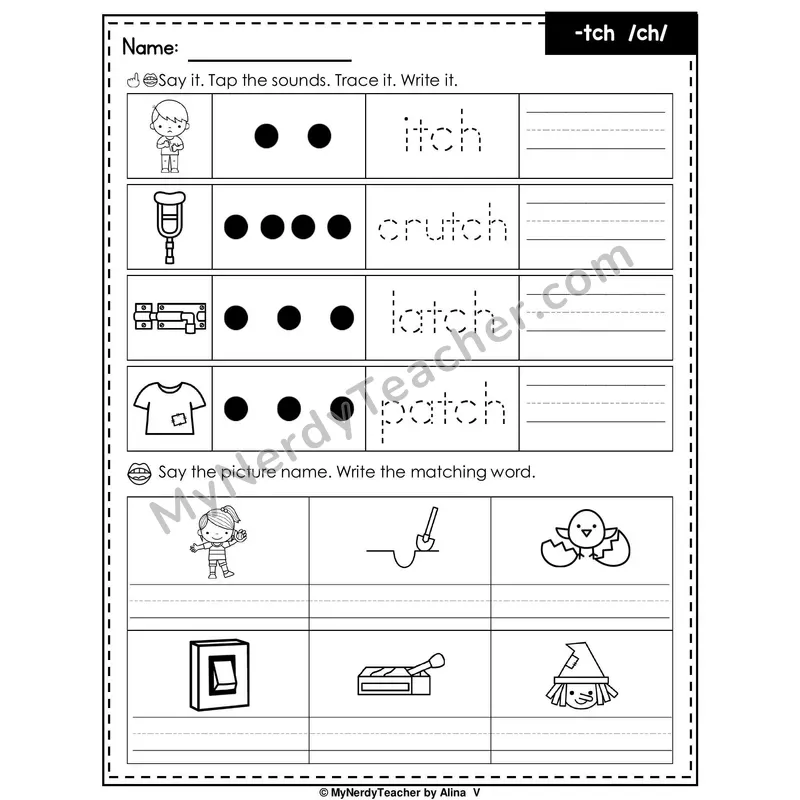 TCH Trigraph (/ch/ Ending) Writing Worksheet — Tap, Trace and Write