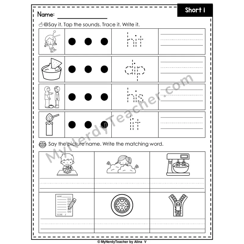 Short I Writing Worksheet — Tap, Trace and Write