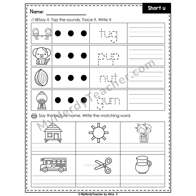 Short U Writing Worksheet — Tap, Trace and Write