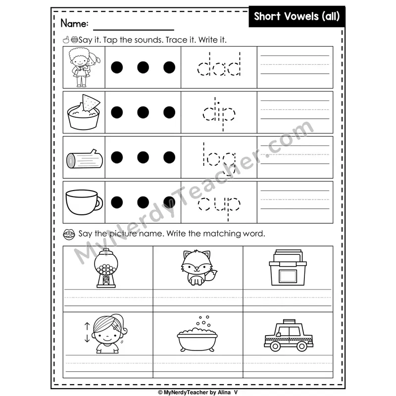 Short Vowels (Mixed Review) Writing Worksheet — Tap, Trace and Write