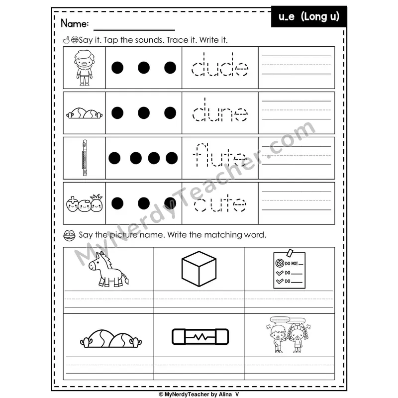 Long U (u_e Silent E) Writing Worksheet — Tap, Trace and Write