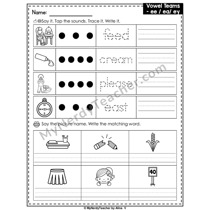 Vowel Teams EE, EA, EY Writing Worksheet — Tap, Trace and Write