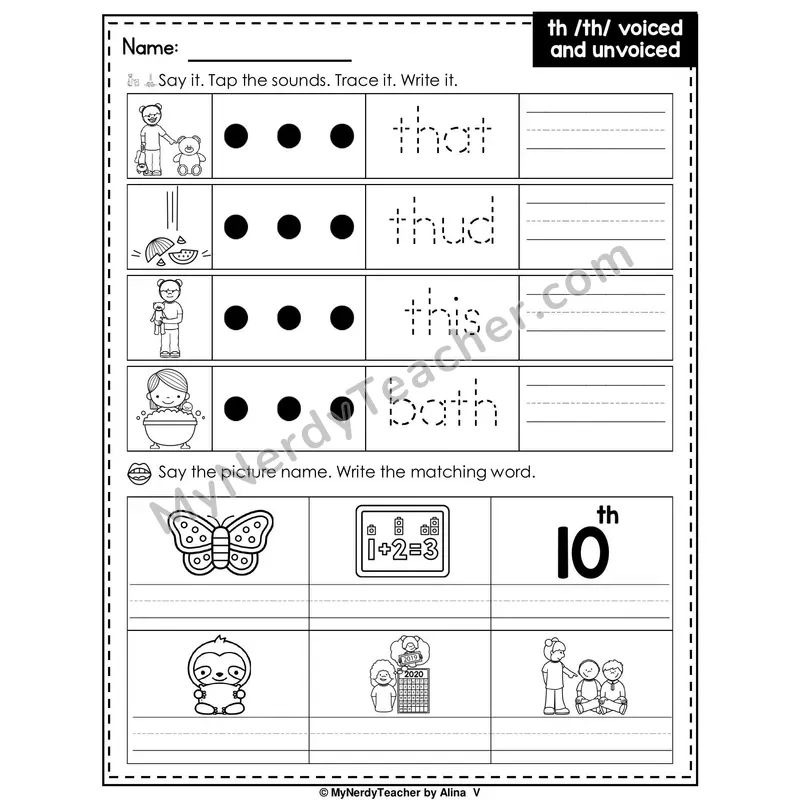 Digraph TH (Voiced and Unvoiced) Writing Worksheet — Tap, Trace and Write