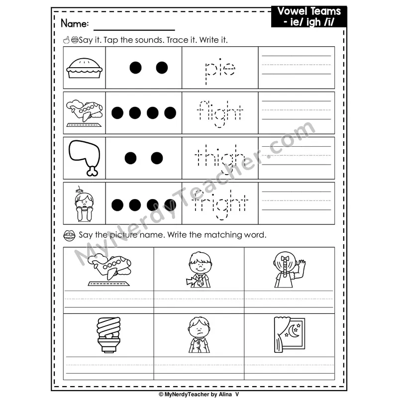 Vowel Teams IE and IGH Writing Worksheet — Tap, Trace and Write