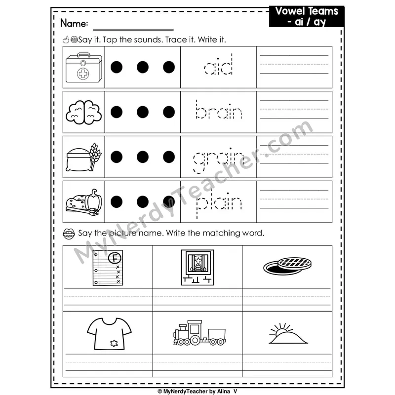 Vowel Teams AI and AY Writing Worksheet — Tap, Trace and Write