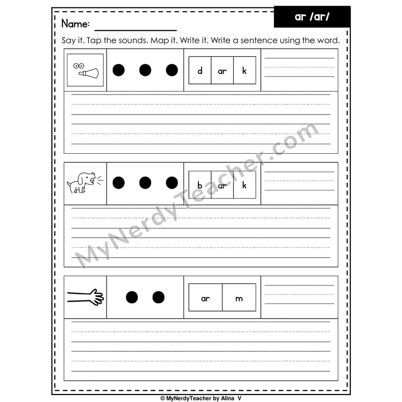 R-Controlled Vowel AR Writing Worksheet — Sound Map and Write a Sentence
