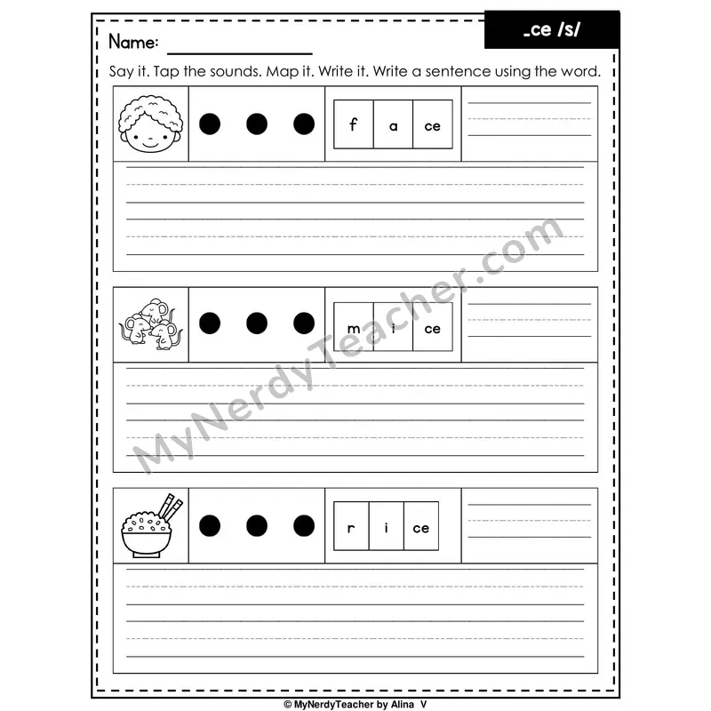 Soft C (_ce) Writing Worksheet — Sound Map and Write a Sentence