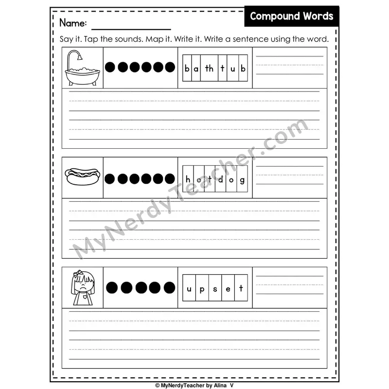 Compound Words Writing Worksheet — Sound Map and Write a Sentence