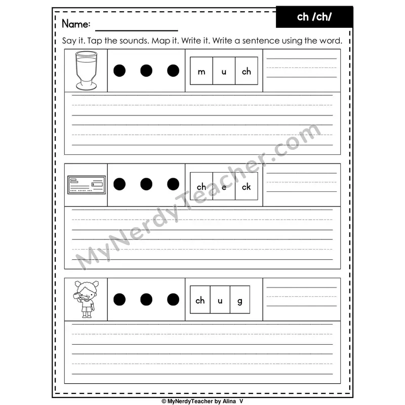 Digraph CH Writing Worksheet — Sound Map and Write a Sentence