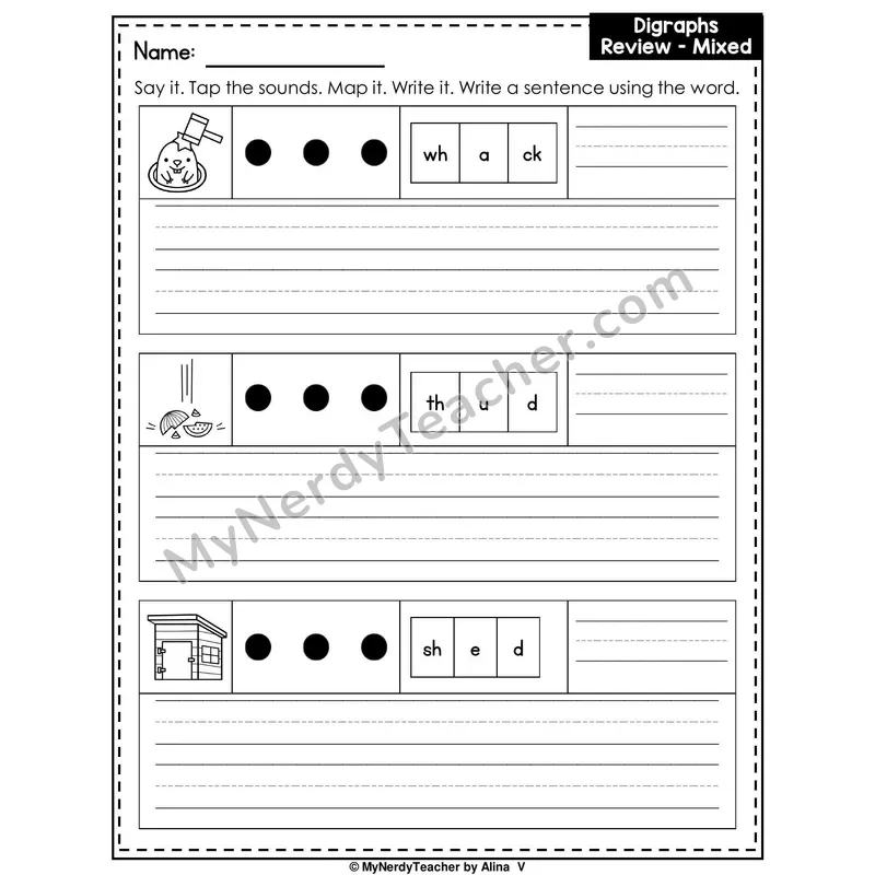 Digraphs Review (Mixed) Writing Worksheet — Sound Map and Write a Sentence