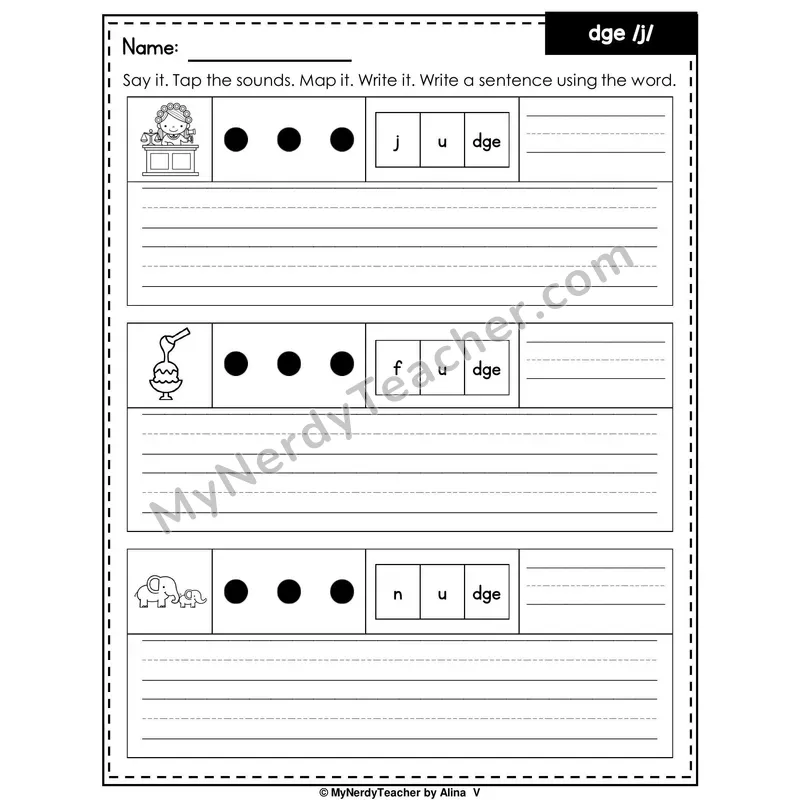 DGE Trigraph (/j/ Ending) Writing Worksheet — Sound Map and Write a Sentence