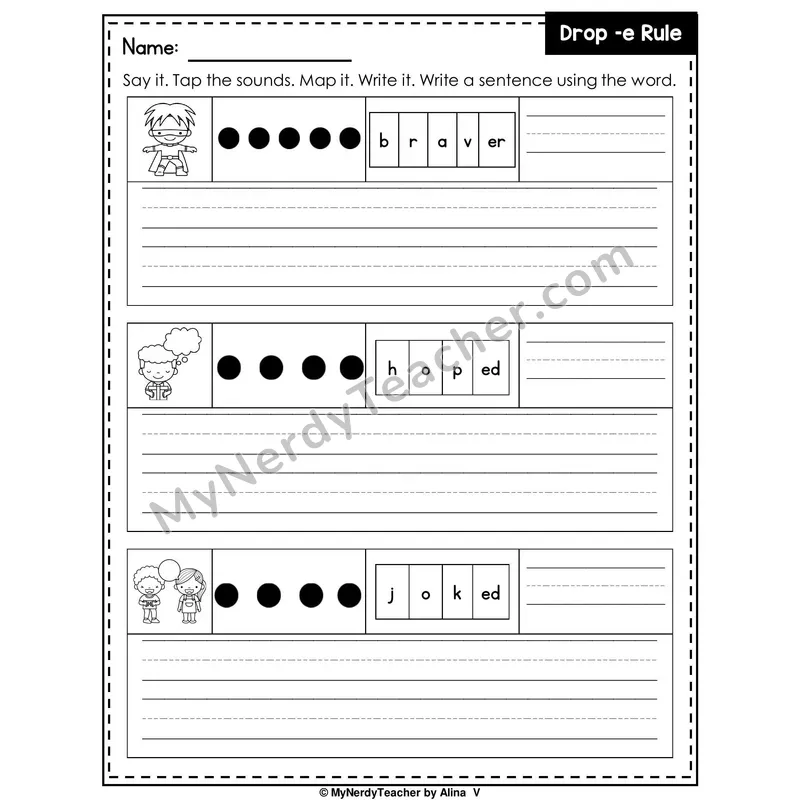 Drop-E Rule Writing Worksheet — Sound Map and Write a Sentence