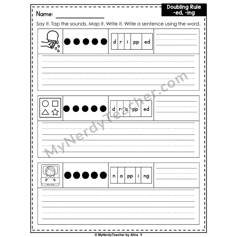 Doubling Rule (-ed, -ing) Writing Worksheet — Sound Map and Write a Sentence