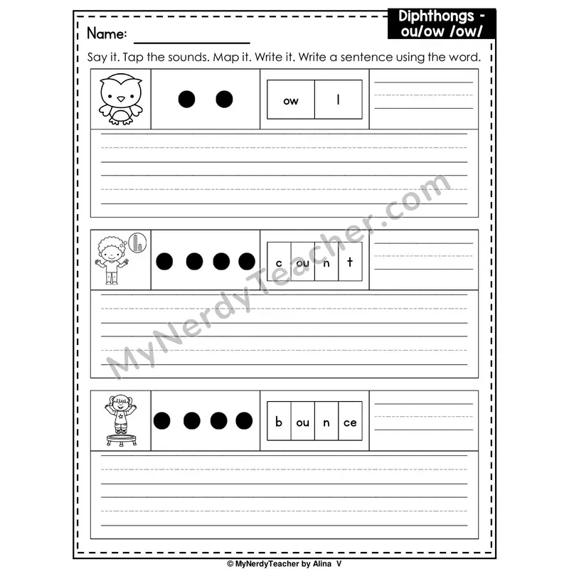 Diphthongs OU and OW Writing Worksheet — Sound Map and Write a Sentence