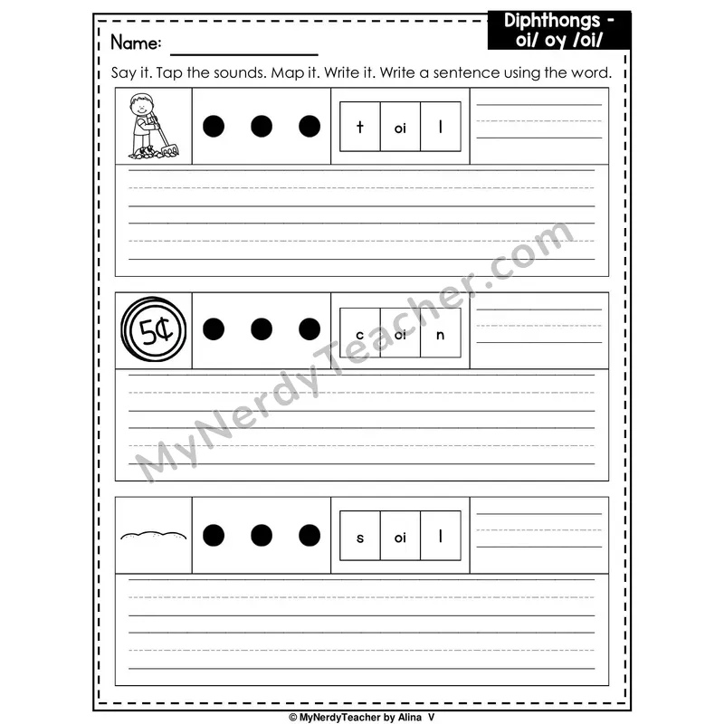 Diphthongs OI and OY Writing Worksheet — Sound Map and Write a Sentence