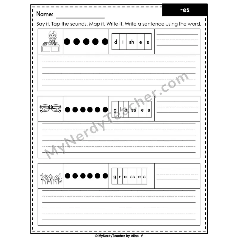 Suffix -es Writing Worksheet — Sound Map and Write a Sentence