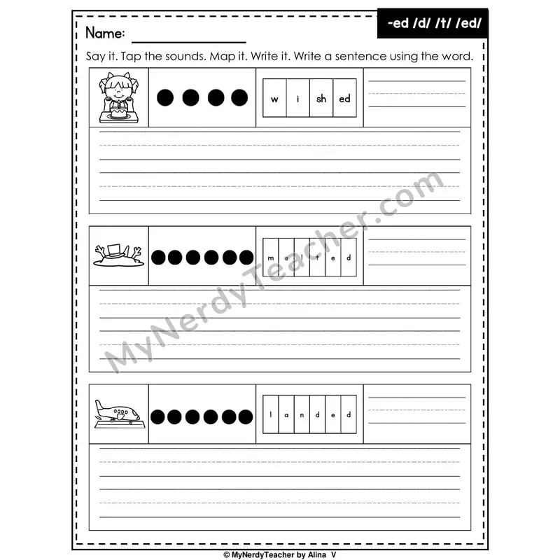 Suffix -ed Writing Worksheet — Sound Map and Write a Sentence