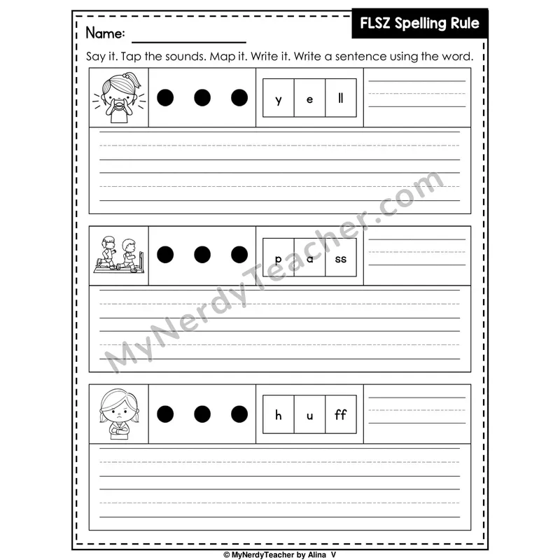 FLSZ Spelling Rule (Floss Rule) Writing Worksheet — Sound Map and Write a Sentence