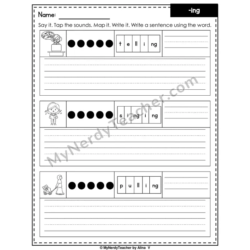 Suffix -ing Writing Worksheet — Sound Map and Write a Sentence
