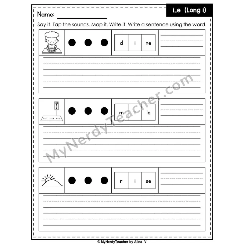 Long I (i_e Silent E) Writing Worksheet — Sound Map and Write a Sentence