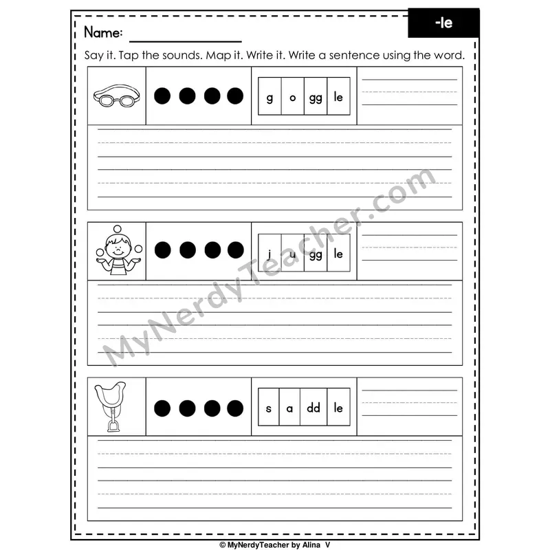 Final Stable Syllable -le Writing Worksheet — Sound Map and Write a Sentence