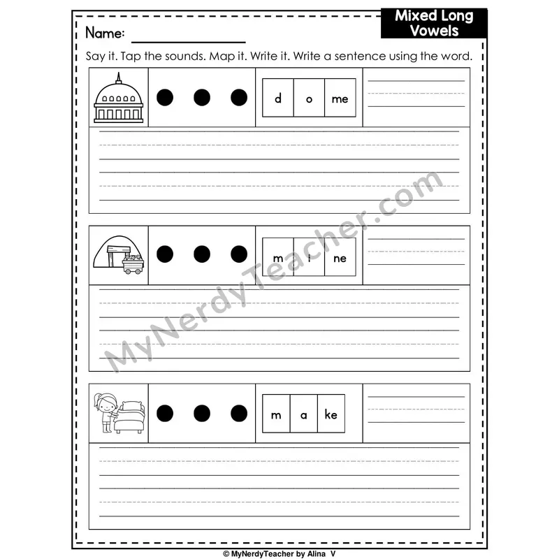 Long Vowels Review Writing Worksheet — Sound Map and Write a Sentence