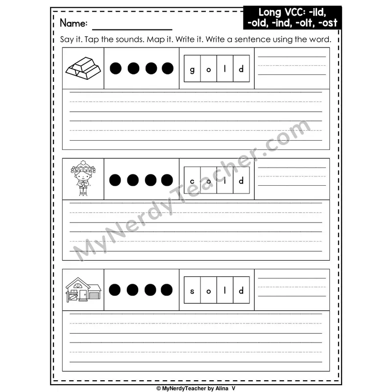 Long VCC Patterns (-ild, -old, -ind, -olt, -ost) Writing Worksheet — Sound Map and Write a Sentence