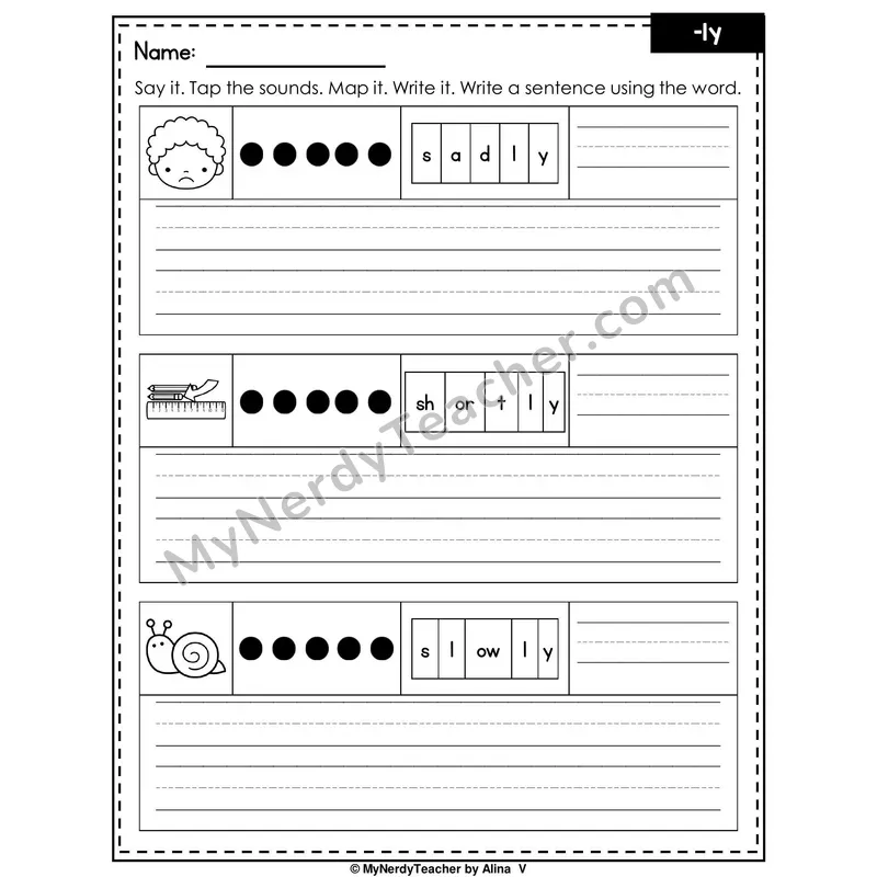 Suffix -ly Writing Worksheet — Sound Map and Write a Sentence