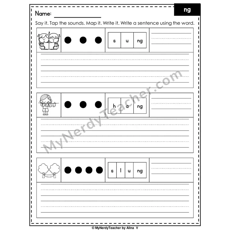 Digraph NG Writing Worksheet — Sound Map and Write a Sentence