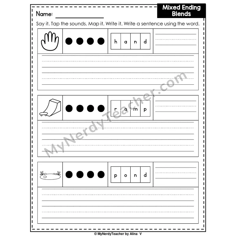 Mixed Ending Blends Writing Worksheet — Sound Map and Write a Sentence