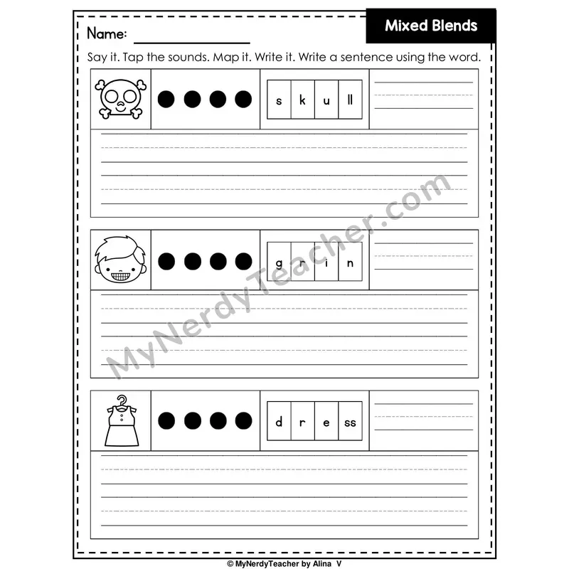 Mixed Beginning Blends Writing Worksheet — Sound Map and Write a Sentence