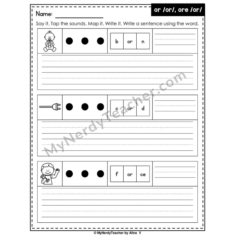 R-Controlled Vowel OR (or, ore) Writing Worksheet — Sound Map and Write a Sentence