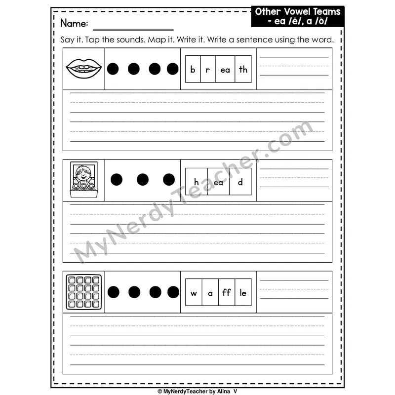 Vowel Team EA (Short E Sound) and A Writing Worksheet — Sound Map and Write a Sentence