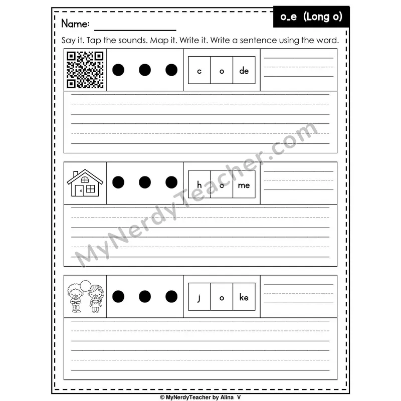 Long O (o_e Silent E) Writing Worksheet — Sound Map and Write a Sentence