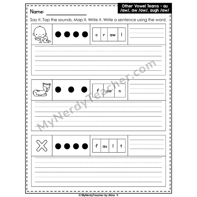 Vowel Teams AU, AW, AUGH Writing Worksheet — Sound Map and Write a Sentence